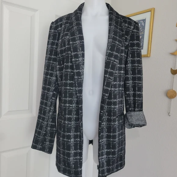 APT. 9 Ponte Stretch Knit Jacket Shine Plaid L NWT Black & Silver - Picture 6 of 16